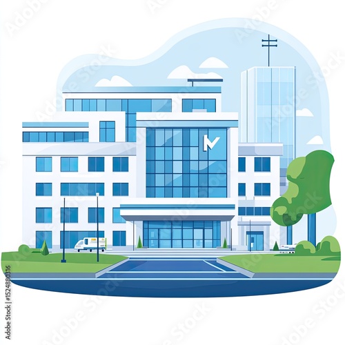 Modern medical complex with various buildings, green spaces, and a vehicle