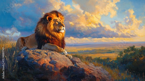 Majestic Lion Overlooking the Savannah at Sunset in a Stunning Wildlife Painting