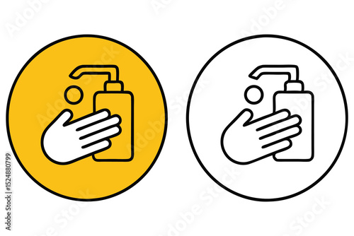 A hand presses a pump dispenser in both yellow and white circular designs