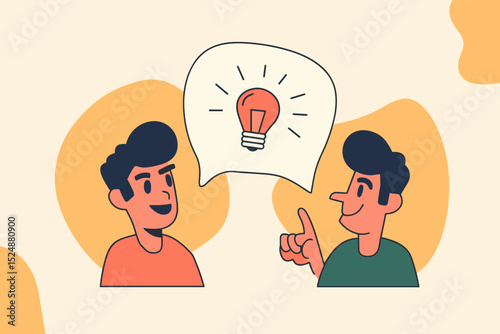Brainstorming: A creative scene of two people discussing ideas represented by a shining lightbulb in a speech bubble, symbolizing innovation.