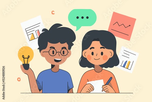 Brainstorming & Discussion: Animated illustration of two individuals, one holding a light bulb symbolizing an idea, and the other writing with pen.