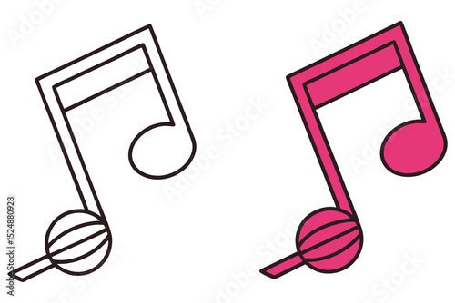 Black outline music note sits beside a hot pink music note on a white background