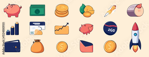 Financial Icons and Digital Symbols: a visually appealing collection of hand-drawn illustrations and digital graphics that are designed to convey ideas related to personal finance, investment.