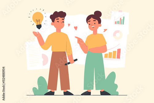 Brainstorming Brilliance: Two individuals engage in a lively exchange, sparking innovative ideas under the soft glow of a radiant light bulb, symbolizing inspiration and creative collaboration.