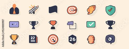 Visualizing Success: A curated collection of minimalistic icons, meticulously crafted, representing a spectrum of business concepts like achieving goals and innovation, symbolizing dedication.