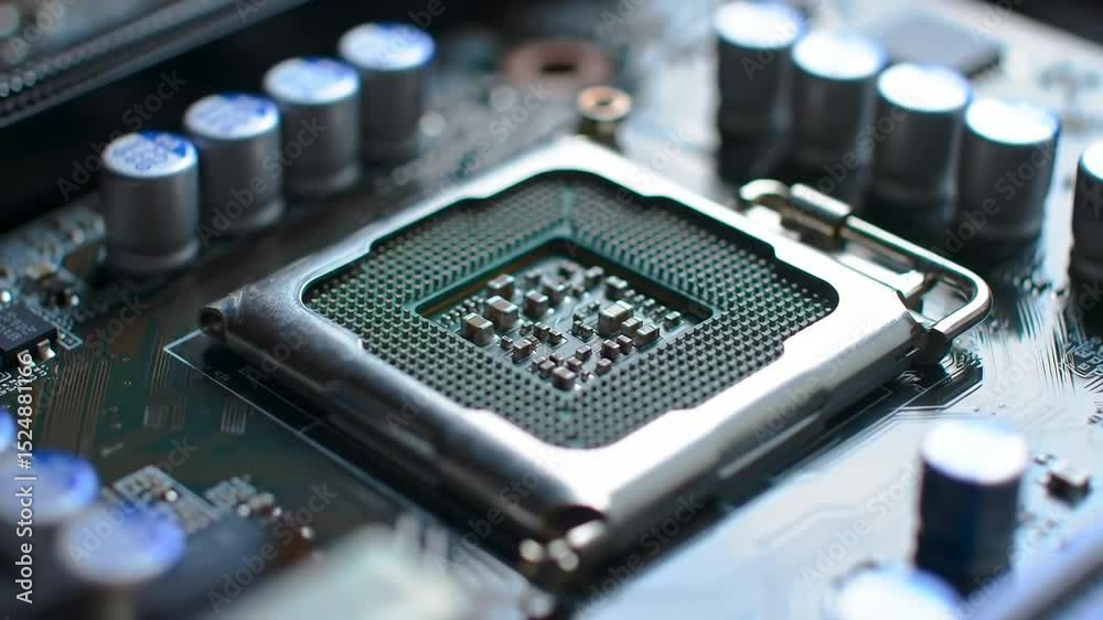 Close-up of Computer Motherboard with CPU Socket and Capacitors