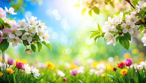 Springtime Blossoms: A Vibrant Meadow of Tulips and Apple Blossoms