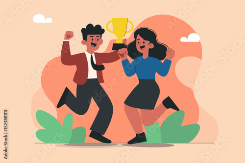 Triumphant Celebration: A dynamic illustration of a triumphant duo reveling in their success, with a golden trophy as the symbol of their achievement.