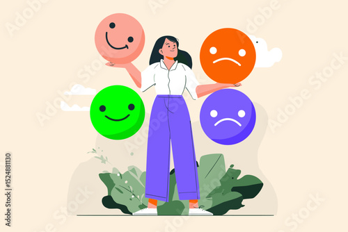 Woman Evaluating Feedback: A stylish woman thoughtfully considers various feedback emojis, symbolizing the process of evaluating customer reviews or online feedback.