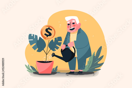Investing in Growth: An elderly man waters a flourishing plant adorned with a dollar sign coin, symbolizing financial growth and security for retirement in a hand drawn style.
