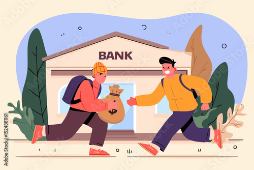 Bank Heist: Dynamic illustration of two figures fleeing a bank with a bag of money, illustrating themes of crime, risk, and suspense.