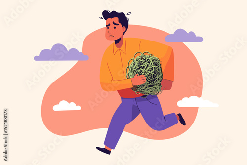 Burdened Run: An illustrative depiction of a person running, weighed down by a tangled, chaotic mass, a metaphor for stress.