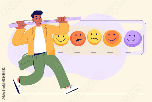 Moods on the Move: A graphic illustration of a person running, carrying a spectrum of emotional expressions, illustrating journey of psychological states, from cheerful to somber.