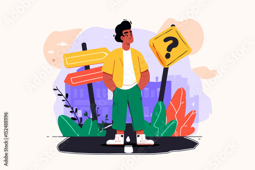 Navigating Choices: A young person contemplates the path ahead, standing at a crossroads of decisions. Colorful street signs and symbols represent potential choices and future directions.