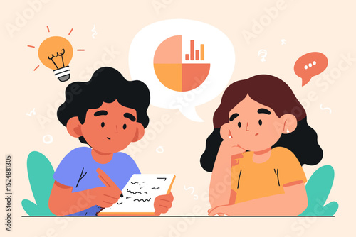 Business Brainstorming: An illustration depicting a dynamic brainstorming session, two business minds collaborate on ideas and analytics represented by lightbulb and pie chart.