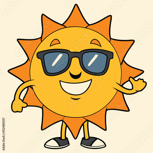Cheerful cartoon sun wearing sunglasses smiling and waving hello in a bright summer setting