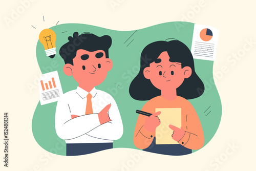 Collaboration and Ideas: A conceptual illustration captures a brainstorming session, depicting two figures engaged in thoughtful dialogue, generating ideas and strategies for a project.