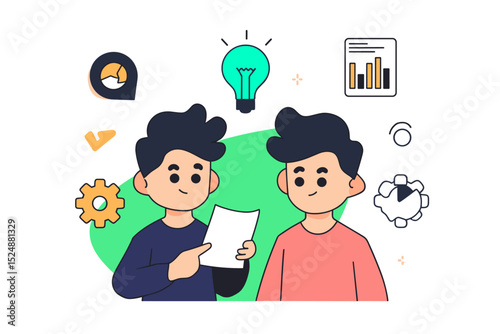 Brainstorming Business: Two cartoon character discuss an idea, a lightbulb shines overhead, suggesting a flash of inspiration. Symbolic of teamwork, innovation, and collaborative project