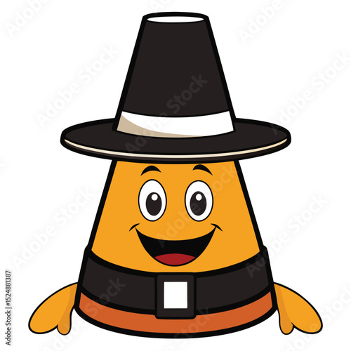 Cheerful thanksgiving pilgrim candy corn character wearing a traditional black hat and smiling