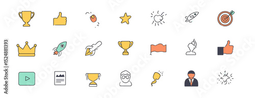 Iconic Symbols of Success: A curated collection of meticulously designed icons, each a symbol of achievement, leadership, and progress, representing different aspects of triumph and motivation.