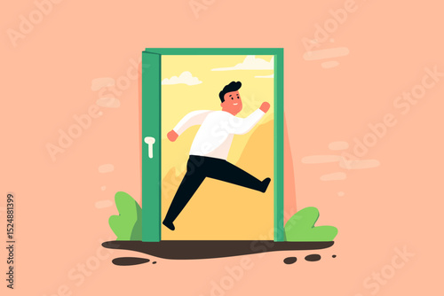 Leaping into Opportunity: A stylized illustration of a man leaping through a doorway, symbolizing new beginnings, career advancement, or escaping a difficult situation.