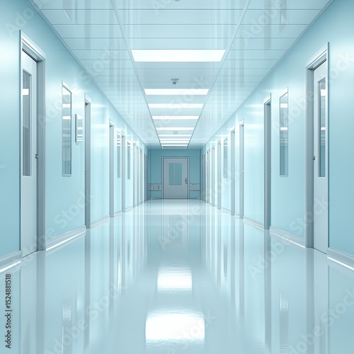 Sterile  light blue hallway with numerous doors  gleaming floor  and bright ceiling lights.  A perspective view down a long corridor