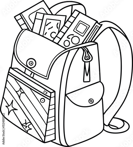 Stylish Backpack Design with Books and Game Cartridges a perfect Scalable Graphic for Branding