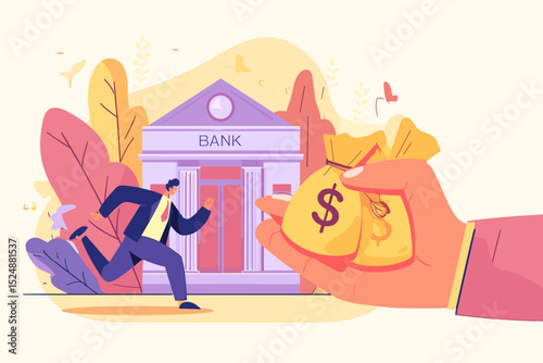 Financial Exchange in Motion: A dynamic illustration depicts an individual swiftly approaching a bank, while a colossal hand proffers bags of currency.