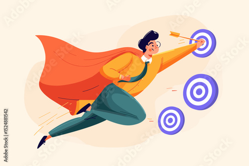 Superhero of Success: A dynamic illustration of a flying figure, dressed in a cape and business attire, skillfully hitting the target. Capturing the essence of ambition and success with creativity.