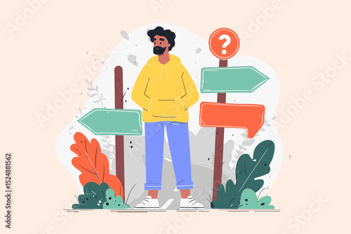 Man at Crossroads: A thoughtful man stands at a crossroads, contemplating his options.  He is presented with three different paths, symbolized by directional signs.