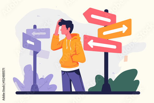 Navigating Choices: An illustration captures a person standing amidst a confusing array of direction signs, hand on their head, expressing the dilemma of multiple choices.