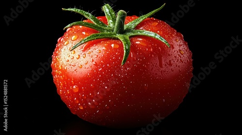 Vibrant red tomato with water droplets against a dark background