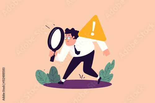 Focused Search for Problem: A determined individual in business attire peers intently through a magnifying glass, navigating a surreal setting, signifying investigation, risk, and scrutiny.