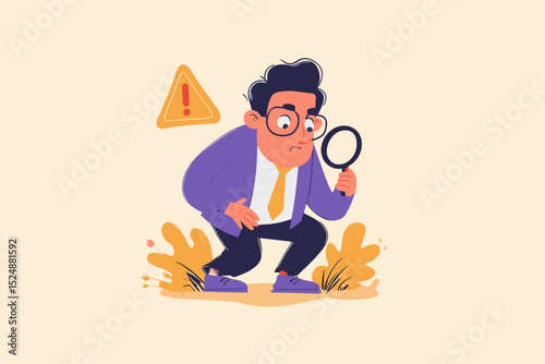 Searching for Clarity: A determined individual with spectacles examines an exclamation mark through a magnifying glass, embodying the pursuit of understanding and the importance of paying attention.