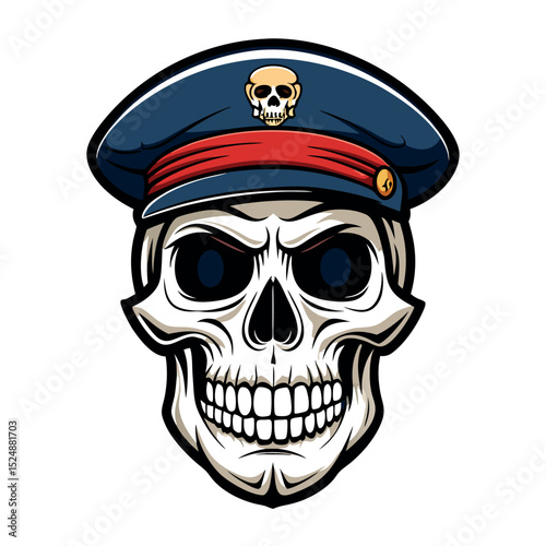 Skeletal Face with Officer Hat Featuring Skull Symbol on a White Backdrop