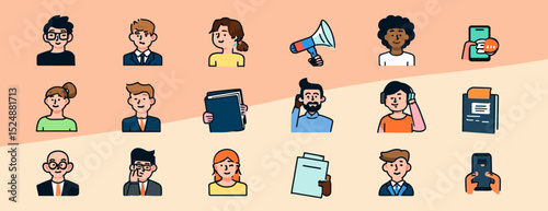 Set of Communication and People Icons: A comprehensive collection of illustrated icons, including individuals with varying emotions, a megaphone, books, and telephones.