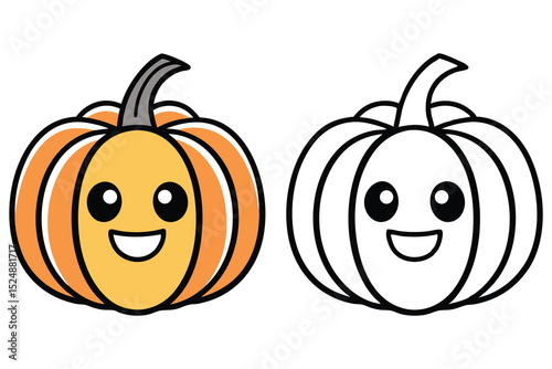 Cheerful pumpkins sit side by side, one is colored while the other is outlined