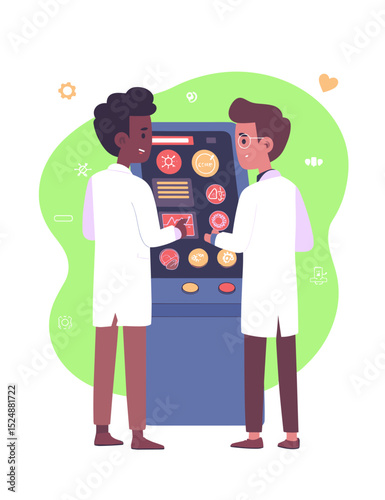 Scientists at Work: Two scientists of diverse backgrounds collaborate at an advanced control panel in a laboratory setting. The illustration showcases modern science and inclusivity.