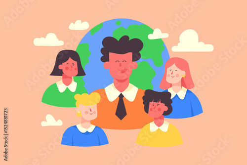 Global Community Unity: Depicting the concept of global community and togetherness, this graphic showcases a diverse group of individuals united in front of planet earth.