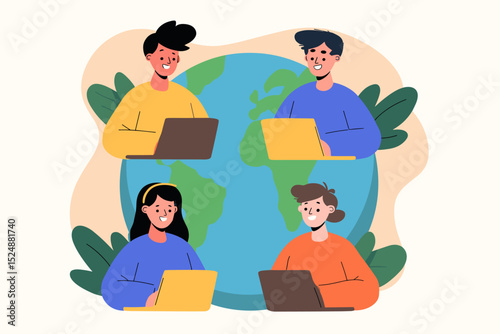 Global Connection: A vibrant illustration of diverse individuals working remotely on laptops, encircling a globe, symbolizes seamless worldwide collaboration and technological connectivity.