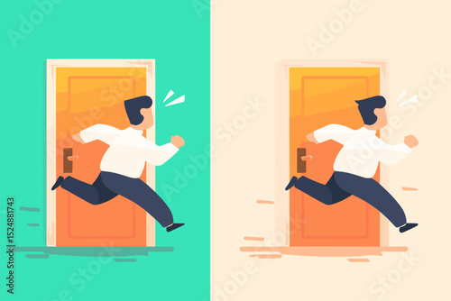 Racing Toward Opportunity: A stylized representation of a figure racing towards an open door, depicting a sense of urgency, speed, and the pursuit of opportunity in a vibrant setting.