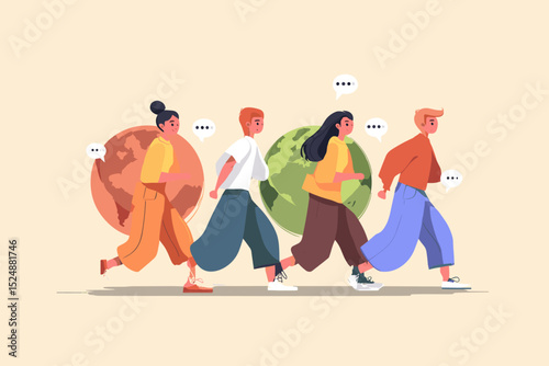 Global Collaboration: Four diverse individuals stride forward, each carrying a globe, symbolizing unity and cooperation towards a shared global future.  