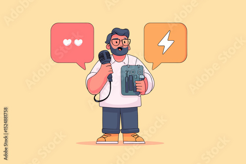 Public Speaking: The image captures a speaker delivering an inspiring message with a microphone in hand, accompanied by thought bubbles illustrating positive reactions and energetic concepts. 