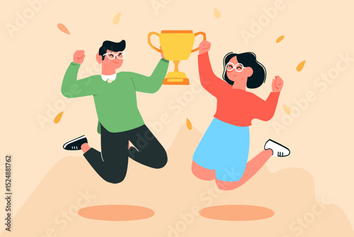 Triumphant Duo: A jubilant couple leaps for joy, clutching a gleaming golden trophy in a delightful illustration that captures the essence of triumph.
