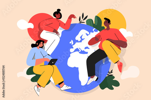Global Community Collaboration: A vibrant illustration captures people from various backgrounds interacting around a globe, symbolizing interconnectedness, communication, and worldwide understanding.