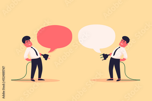 Dialogue Disconnect: Illustration of two individuals, each holding a plug and speech bubble, connected by a cord, representing communication failure or breakdown.