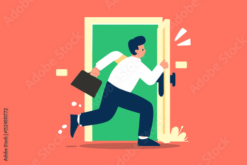 Rushing into Opportunity: A determined individual bursts through an open door, symbolizing new beginnings, swift progress, and the relentless pursuit of ambitions. 