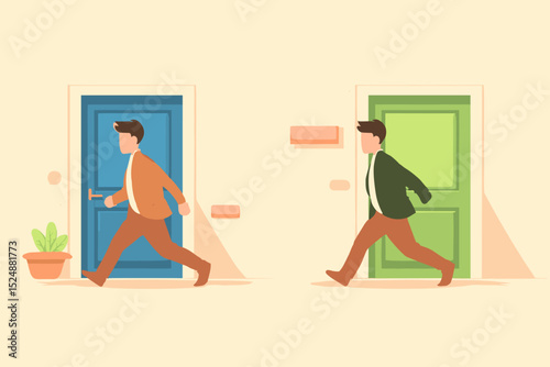 Choice and Direction: A conceptual illustration depicts two paths, represented by doors, symbolizing choices, decisions, and the direction of progress.