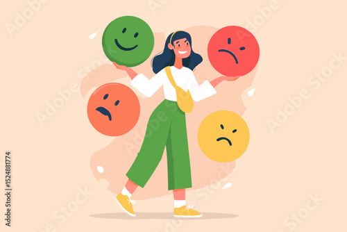 Emotional Intelligence: A woman illustrates an array of vibrant emoticons, each radiating its unique emotional state.