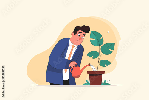 Nurturing Growth: A professional figure attentively tends to a young plant, symbolizing the cultivation of growth and new beginnings, in a vector-style illustration.